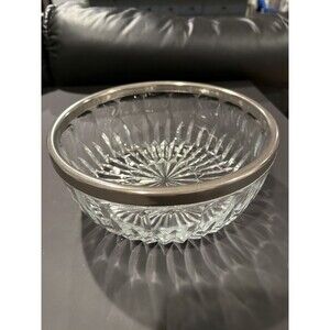Clear Glass Starburst Round Bowl w/ Silver-Tone Metal Rim, 8in Dia x 3in H
